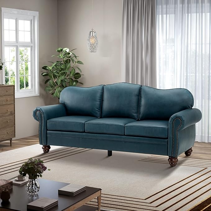 HULALA Home 81'' Genuine Leather Sofa with Nailhead Trim and Rolled Armrests, Mid-Century Modern Living Room 3-Seater Couch, Turquoise Couch with Removable Cushion for Bedroom Apartment