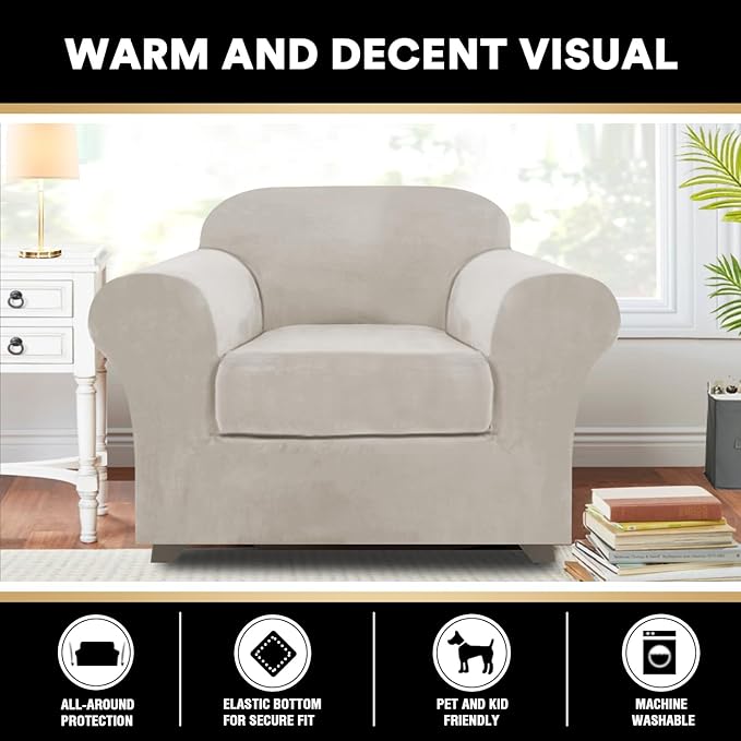PrinceDeco Velvet Plush Couch Cover Stretch 2 Piece Chair Cover Chair Slipcover Washable Furniture Protector Couch Soft with Elastic Bottom Armchair Cover Width Up to 49 Inch(Small, Oatmeal)