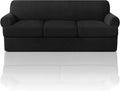 PrinceDeco T Cushion Sofa Slipcover 4 Pieces Sofa Covers for T Cushion Couch Soft Sofa Slip Covers Furniture Protector with 3 Individual T Shape Seat Covers (70"-88") Washable, Black