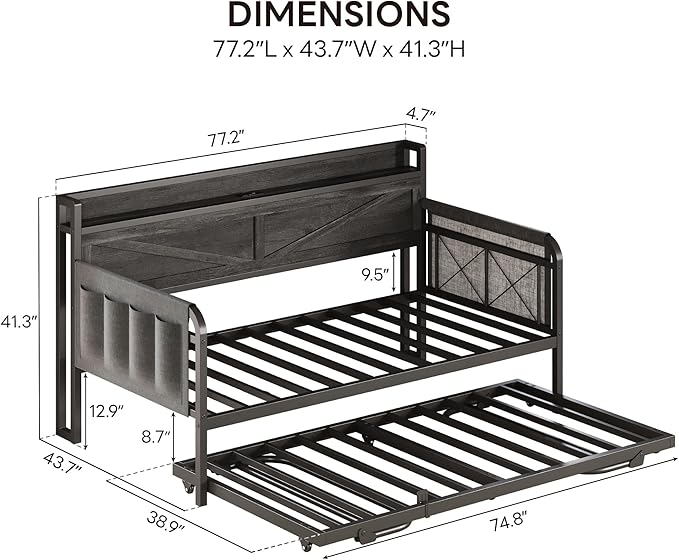 LIKIMIO Twin Daybed, Day Beds with Pop Up Trundle, Storage Headboard with Charging Station, Strong Supports for Apartment and Other Small Space, Charcoal Grey