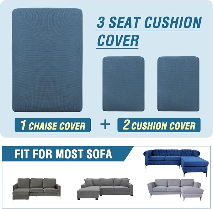 H.VERSAILTEX Sectional Couch Covers 3 Pieces Sofa Seat Cushion Covers L Shape Separate Cushion Couch Chaise Cover for Both Left/Right Sectional Couch (Seat Only: 1 Chaise + 2 Sofa, Dusty Blue)