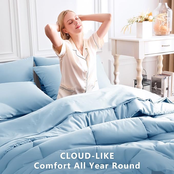 CozyLux Queen Comforter Set Baby Blue, 7 Pieces Bed in a Bag, Blue Comforters Queen Size, All Season Bedding Sets with Stitch Quilted Comforter, Flat Sheet, Fitted Sheet, Pillowcases