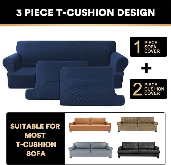 PrinceDeco T Cushion Sofa Slipcover 3 Pieces Sofa Covers for T Cushion Couch Soft Couch Cover Sofa Slip Covers Furniture Covers with 2 Individual T Shape Seat Cover Width Up to 88", Navy