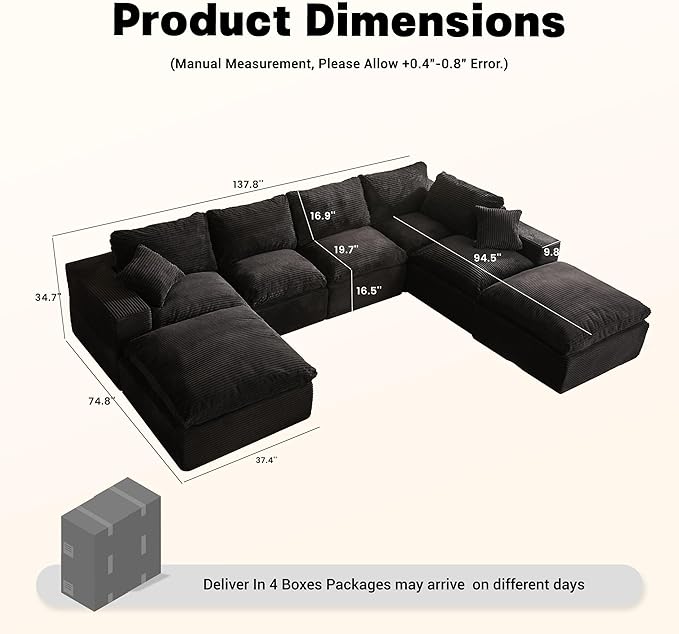 137.8” Sectional Couches for Living Room, Set of Cloud Couch, Modular Sectional Sofa, Convertible Sofas Bed, Deep Seat Sofa, Sleeper Sofa Full Size, Corduroy, Black