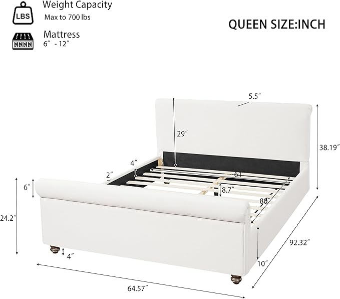 Christopher Knight Home Chenzi Linen Upholstered Queen Bed Frame with Headboard and Footboard, Wooden Platform Queen Size Bed Frame and Double-Layer Oval Legs, No Box Spring Needed, White
