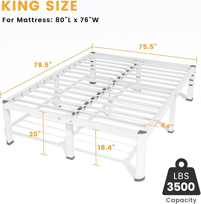 Superay 20 Inch King Size Metal Bed Frame with Round Corners, Storage Space Under High Bed Frame-Heavy Duty Steel Slats Support, Noise Free - Easy Assembly - No Box Spring Needed,White