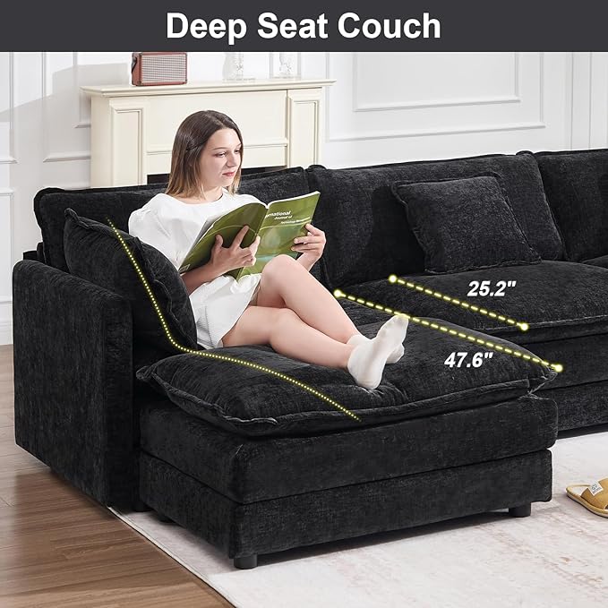 111.5" Modular Sectional Sofa, Large L Shaped Sectionals Cloud Couch, Big Comfy 3-Seat Couch with Ottoman, 4 Seater Chenille Sectional Sofa with Deep Seat and 5 Pillows for Living Room- Black