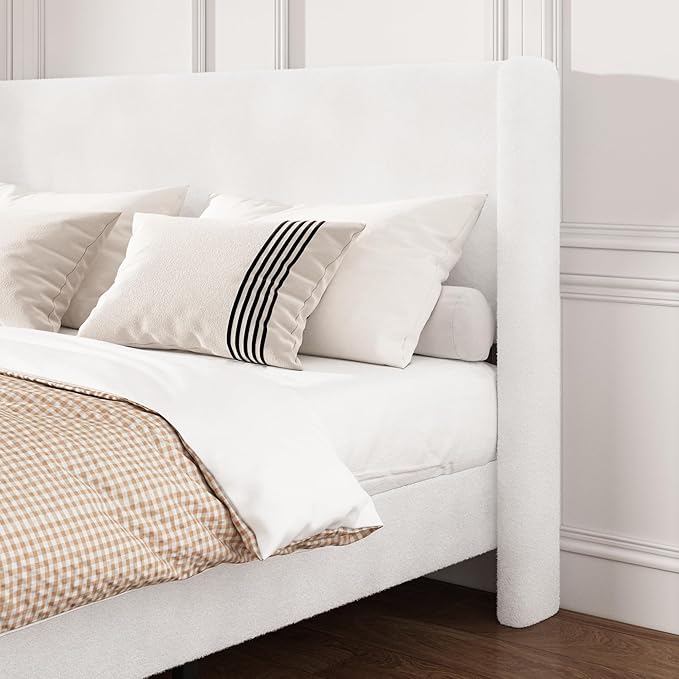 Full Boucle Bed Frame, Platform Bed with Upholstered Wingback Headboard, Strong Wooden Slats Support, Noise-Free, No Box Spring Needed, Easy Assembly, White