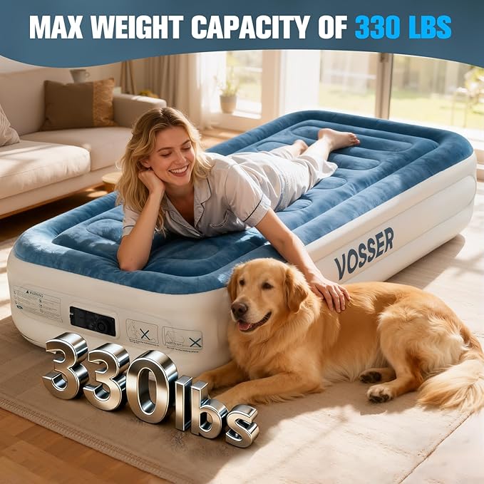 VOSSER Twin Air Mattress with Built-in Pump,Fast & Easy Inflation/Deflation Inflatable Mattress, Foldable Blow Up Mattress with Storage Bag, Inflatable Bed for Home, Camping & Guests