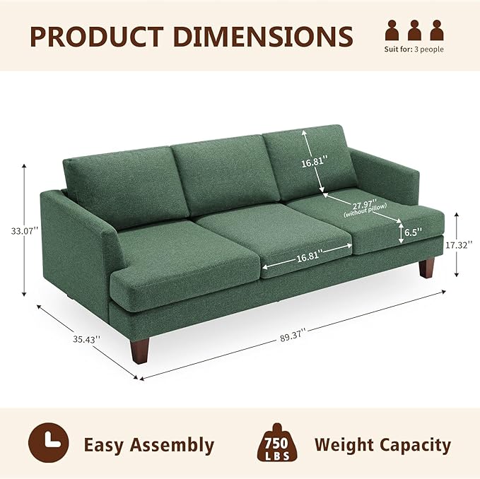 Mid Century Modern Couches for Living Room, 89" Comfy Green Couch Sofa with 3-Seater Deep Seats, Upholstered Sofas for Living Room, Office Apartment, Bedroom