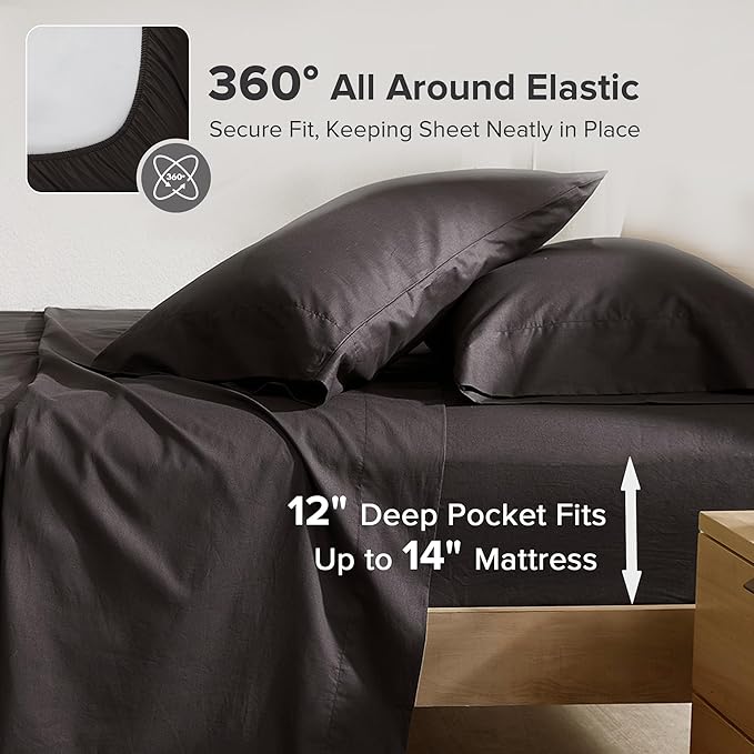 Comfort Spaces 100% Cotton Sheets Twin XL, Breathable & Ultra Soft Cotton Sheets, Naturally Cool Cotton Bed Sheets with 12" Elastic Pocket Fits up to 14" Mattress, All Season Sheet Set, Black, 3 Piece