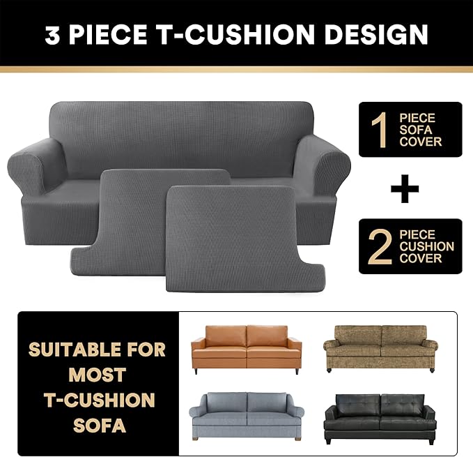 PrinceDeco T Cushion Loveseat Slipcover 3 Pieces Sofa Covers for T Cushion Sofa Stretch Sofa Covers for 2 Cushion Couch with 2 Individual T Shape Seat Covers Width Up to 76"- Washable, Grey