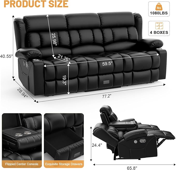 Loveseat Recliner Sofa Set, Flip Middle Backrest Design PU Leather 3 Seater Reclining Sofa and Single Oversized Recliner Chair, Manual Couches for Living Room (Black, PU 3+1)