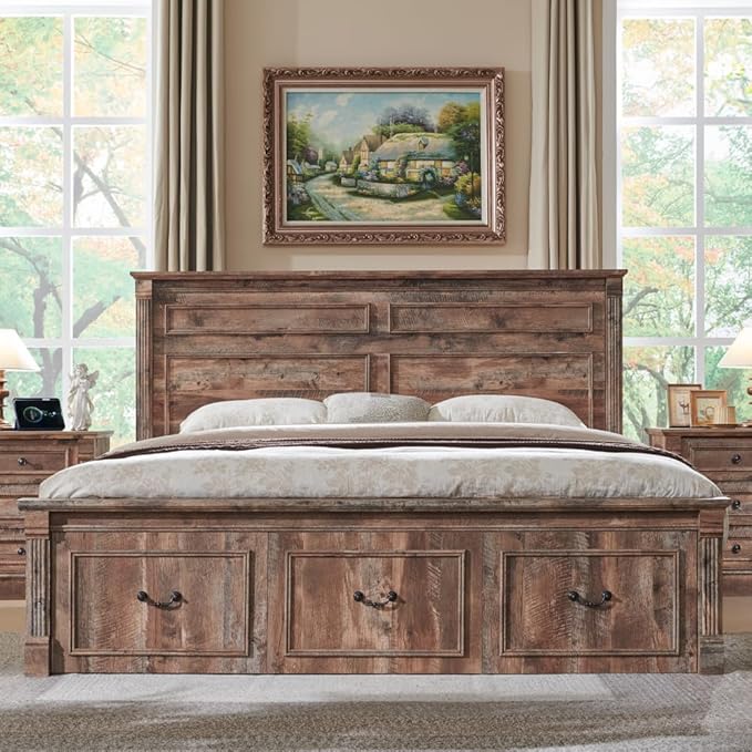Aitjunz Farmhouse King Size Bed Frame with 51" Tall Headboard, Wood Platform Bed Frame with 20" Tall Roman Column Decoration Footboard & 3 Large Storage Drawers, No Box Spring Needed (Light Brown)