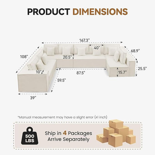 167'' Boneless Chenille U Shaped Couch, Oversized Modular Sectional 8 Seater Sofa, Modern Deep Seat Corner Cloud Compressed Couch, No Assembly Sleeper Sofa with Chaise for Living Room, Beige