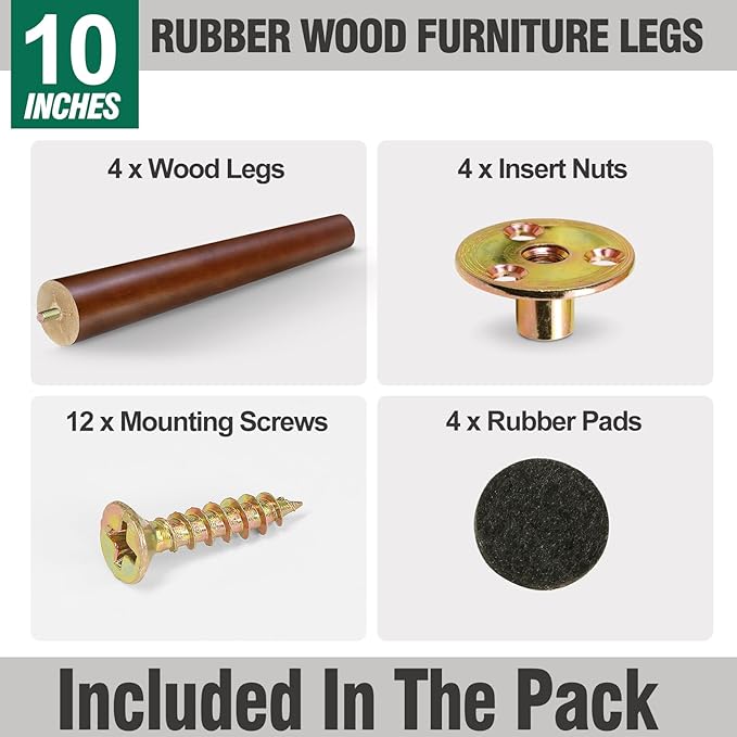FoDau770 Brown Rubber Wood Furniture Legs 10 Inches, Straight Tapered Wood Feet Mid Century Sofa Legs Set of 4, 5/16" UNC Furniture Feet for Cabinet Couch Dresser Chair Ottoman Table