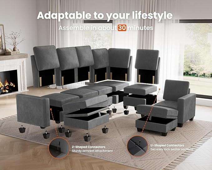 CHIC HOUSE Corduroy Modular Sectional Couch with Ottoman Chaise, L/U Shaped Sleeper Sofa for Living Room, Apartment, Lounge, Modern Armrest Neck Support Furniture (Dark Grey, 7 Seater Sectional)