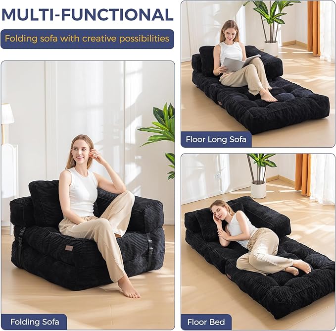 MAXYOYO Folding Sofa Bed, L-Shaped Convertible Sofa with Armrest Foldable Sleeper with Pillow, Portable Fold Out Chair Bed Comfy Floor Lounge for Living Room Bedroom, Black
