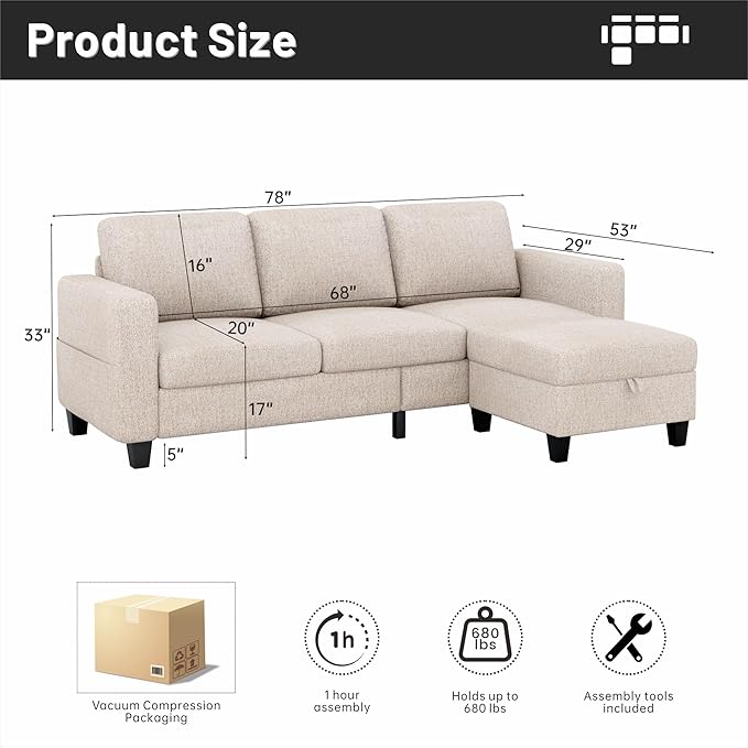 Youmumeub Sectional Sofa and Couches for Living Room - 78''L Shaped Mocha Brown Linen Couch Pet Friendly Modular 3-Seater Convertible Sofas-Suitable for The Living Room, Apartment or Bedroom | Pet Friendly, Modular 3-Seater, Convertible Sofas, Washable...