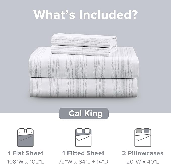 Comfort Spaces 100% Cotton Sheets Cal King, Breathable, Naturally Cool Cotton Sheets, Cotton Bed Sheets with 14" Elastic Pocket Fits up to 16" Mattress, All Seasons Sheet Set, Good Vibes Grey 4 Piece