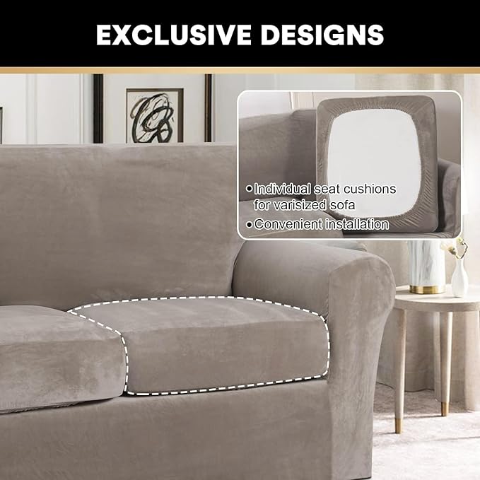 PrinceDeco Couch Cover Velvet Plush Sofa Covers for 2 Cushion Couch Width Up to 90 Inch Washable Furniture Protector Pet Friendly No Slip Sofa Slipcover(Medium-Large,Taupe)