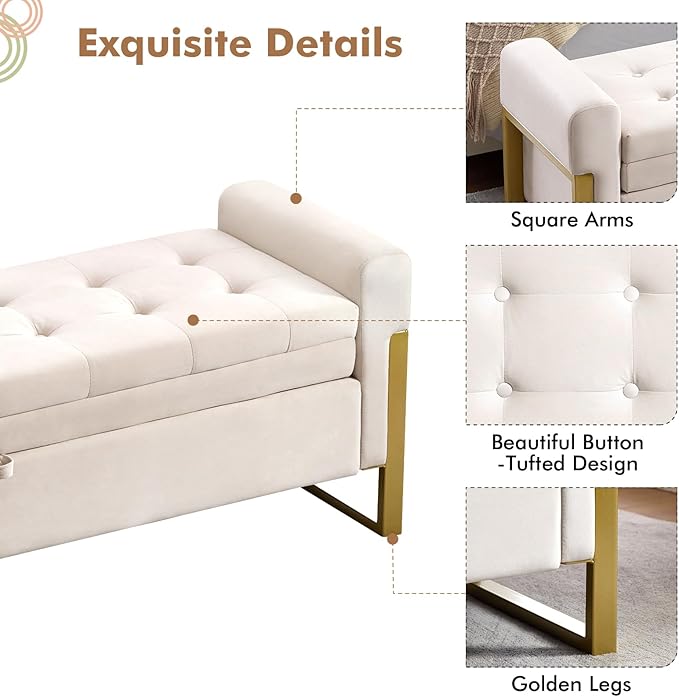 67" End of Bed Storage Bench King Size, Bench for Bedroom Foot of Bed, Upholstered Velvet Storage Ottoman with Gold Legs for Window Living Room, Beige