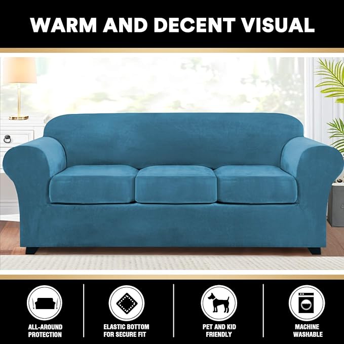 PrinceDeco Velvet Couch Covers for Sofa Soft 4 Pieces Couch Covers for 3 Cushion Couch Sofa Pet Friendly Furniture Protector with Non Slip Elastic Bottom Width Up to 90 Inch (Large, Blue)