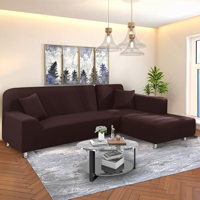 NAISI Couch Cover L Shape 2 Pieces Sofa Cover Soft Stretch Slipcovers with 2pcs Pillowcases Furniture Protector Sectional Couch Covers 3 Seater + 3 Seater(Coffee)
