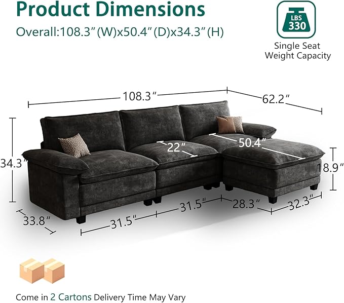 Modern L Shaped Sofa Couches for Living Room, Modular Sectional Cloud Couch with Movable Ottoman, Comfy Chenille Sofa for Apartment and Small Space, Black