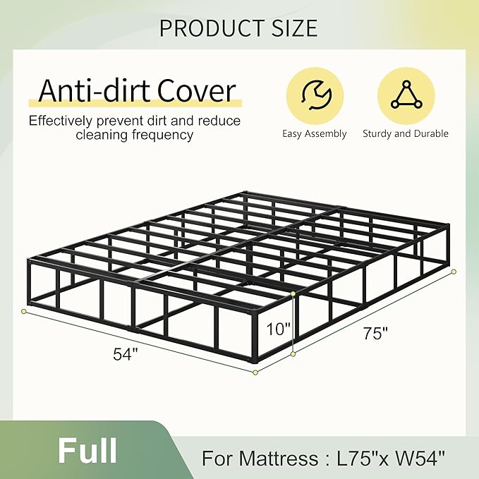 Lutown-Teen 10 Inch Full Size Box Spring High Profile, Heavy Duty Metal Box Spring Full Bed Base with Fabric Cover, Mattress Foundation, Noise Free, Easy Assembly
