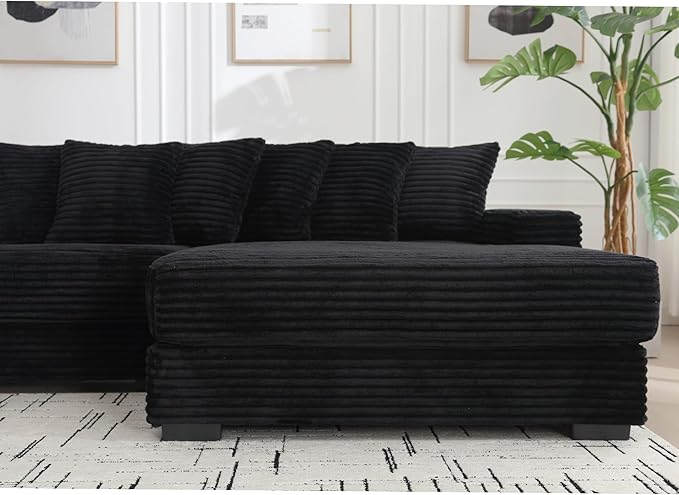 111 Inch Corduroy Sectional Couches for Living Room | L-Shaped Sectional Couch with 8 Pillows | Cloud Couch with Deep Seat | Solid Wood Frame Sofa Black (Right Facing Chaise)
