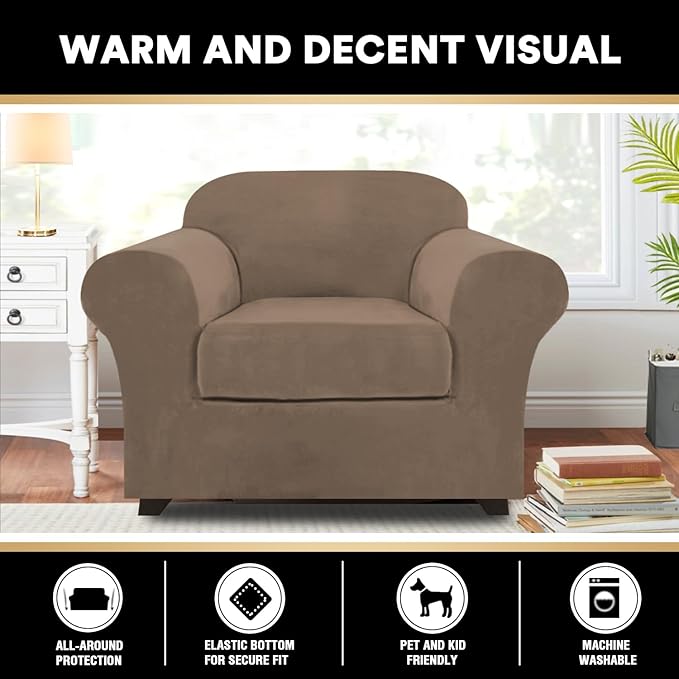 PrinceDeco Velvet Plush Couch Cover Stretch 2 Piece Chair Cover Chair Slipcover Washable Furniture Protector Couch Soft with Elastic Bottom Armchair Cover Width Up to 49 Inch(Small, Mocha)