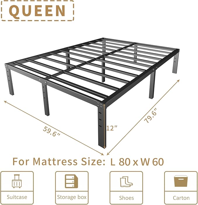 HOBINCHE 12 Inch Queen Size Bed Frame - No Box Spring Needed Heavy Duty Metal Platform Mattress Foundation with Steel Slats, Non-Slip Noise Free Easy Assembly Black Bedframes