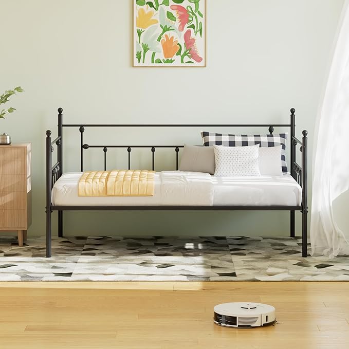 VECELO Daybed Frame, Twin Size Metal Platform Bed with Headboard,Heavy Duty Steel Slats Support for Living Room Bedroom Guest Room, Easy Assembly