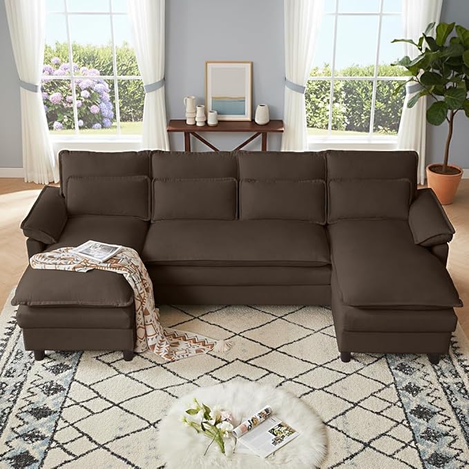 105" Convertible Sectional Sofa, U Shape Cloud Couch, Comfy Couches with Double Chaise and Sleepable Armrests, 4 Seats Sectional Couches for Living Room, Coffee