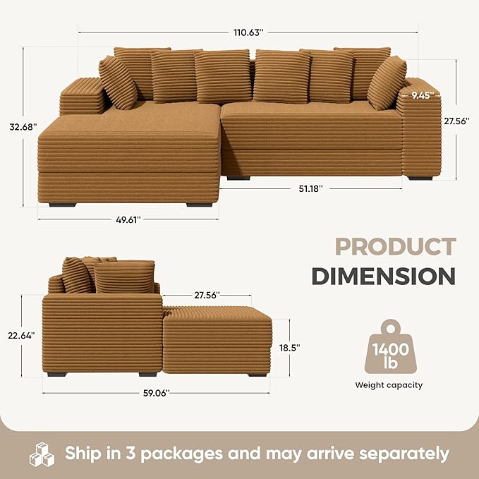 111'' Modular Sectional Cloud Couches with Chaise, L Shaped Extra Large Sleeper Couch Reversible Fluffy Corduroy with 8pcs Pillows for Living Room(Brown Left Facing Chaise)