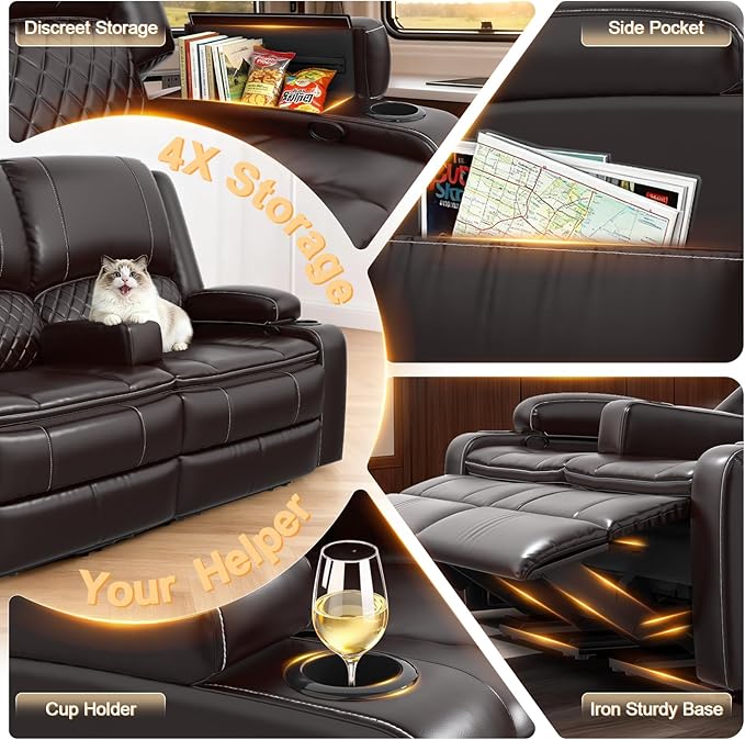 RV Loveseat Recliner Wall Hugger, Manual RV Reclining Loveseat with Removable Armrest, 3X Adjustable Theater Wall Hugger Loveseat Recliners with USB Ports, Cup Holders, Multi-Storage (PU,Brown)