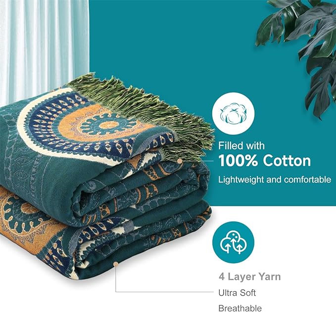 Boho Throw Blanket for Bed 100% Cotton Ultra Soft Rustic Quilt Spring Blanket- Farmhouse Decor Bed Fall Blanket,All Season Rustic Throw for Sofa Couch Chair (Boho-Floral-O, 80"×90")