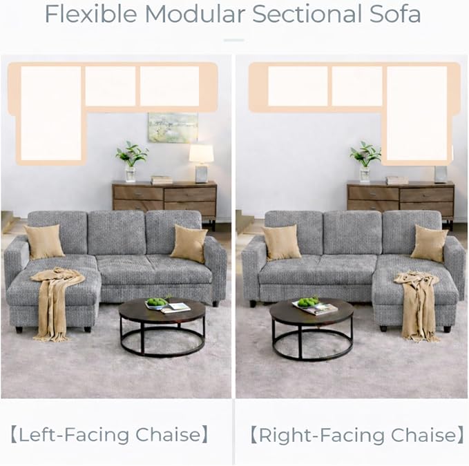 JAMFLY Pull Out Sleeper Sectional Sofa, L Shaped Corduroy Couch with Hidden Storage, Convertible Sofa Bed for Small Living Rooms and Apartments, Light Grey