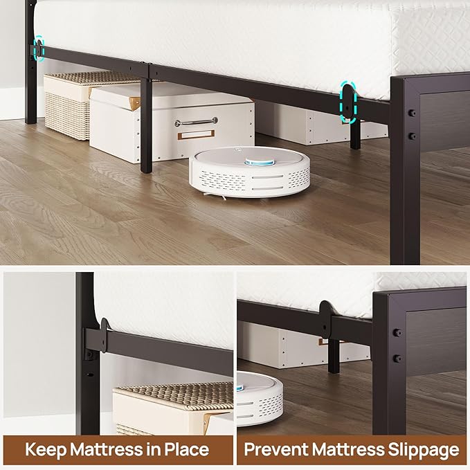 Rolanstar King Size Bed Frame with LED Lights and Charging Station, Wood Storage Headboard and Under Bed Storage, Metal Platform, Noise Free, No Box Spring Needed, Balck Oak