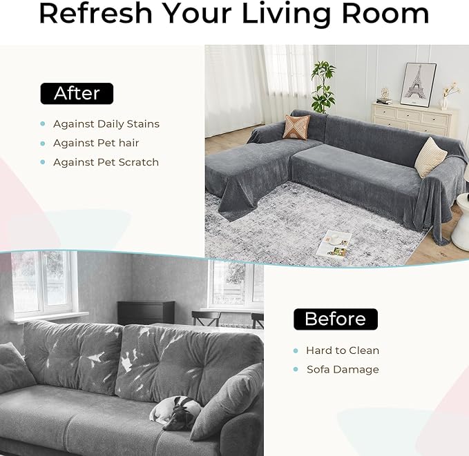 Sectional Couch Covers, 2 Pieces Chenille Sofa Cover L Shaped Couch Cover Blanket for Dogs Washable Sofa Slipcovers Pet Furniture Protector (XX-Large: 71" x 118" + 71" x 118", Dark Gray)