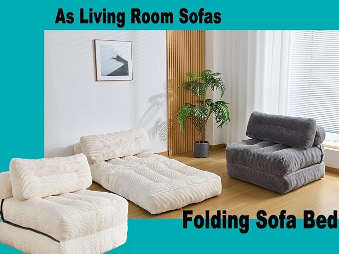 Folding Sofa Bed, Convertible Sleeper Chair Couch Bed Faux Rabbit Fur for Adults, with Back Support Floor Couch Comfy Floor Sofa for Living Room Bedroom, Ivory, Single