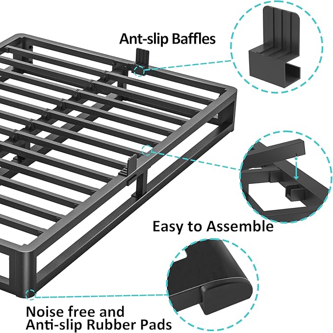 Firpeesy 6 Inch Queen Bed Frame with Round Corner Edges, Low Profile Queen Metal Platform Bed Frame with Steel Slat Support, No Box Spring Needed/Easy Assembly/Noise Free Mattress Foundation