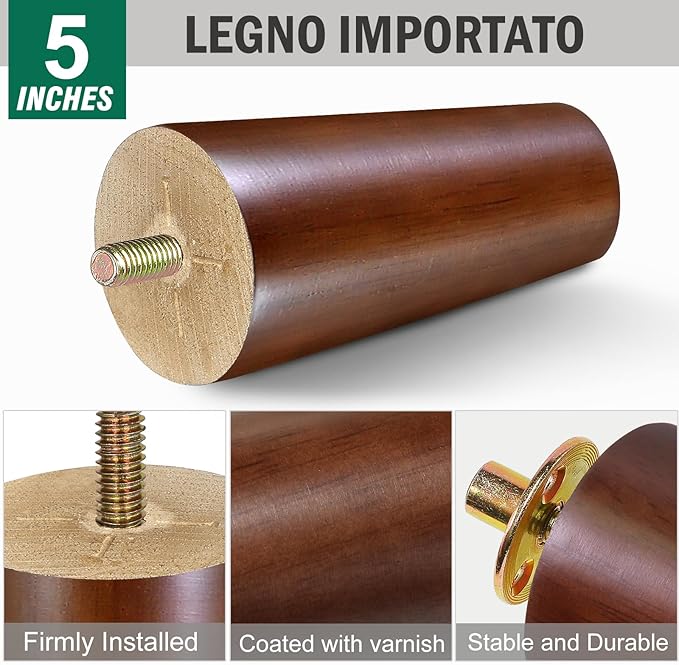 FoDau770 Brown Rubber Wood Furniture Legs 5 Inches, Straight Tapered Wood Feet Mid Century Sofa Legs Set of 4, 5/16" UNC Furniture Feet Replacement Parts for Cabinet Couch Dresser Chair Ottoman Table