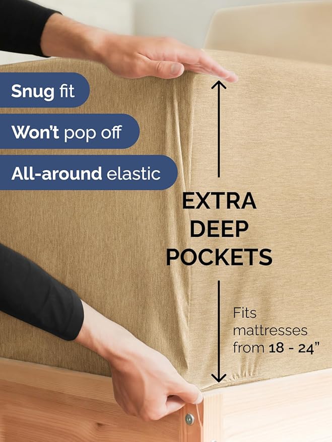 Extra Deep Queen Sheet Set - 6 Piece Breathable and Cooling Sheets - Hotel Luxury Bedding for Women, Men, Kids & Teens - Easy & Secure Fit - Soft and Wrinkle Free - Extra Deep Pockets - Heathered Tan
