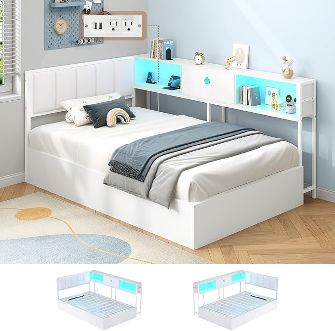 Hasuit Corner Twin Lift Up Storage Bed Frame with Charging Station & LED Lights, Twin Day Bed with Upholstered Headboard and Bookcase, Corner Beds with Hydraulic for Kids Teens Guests, White