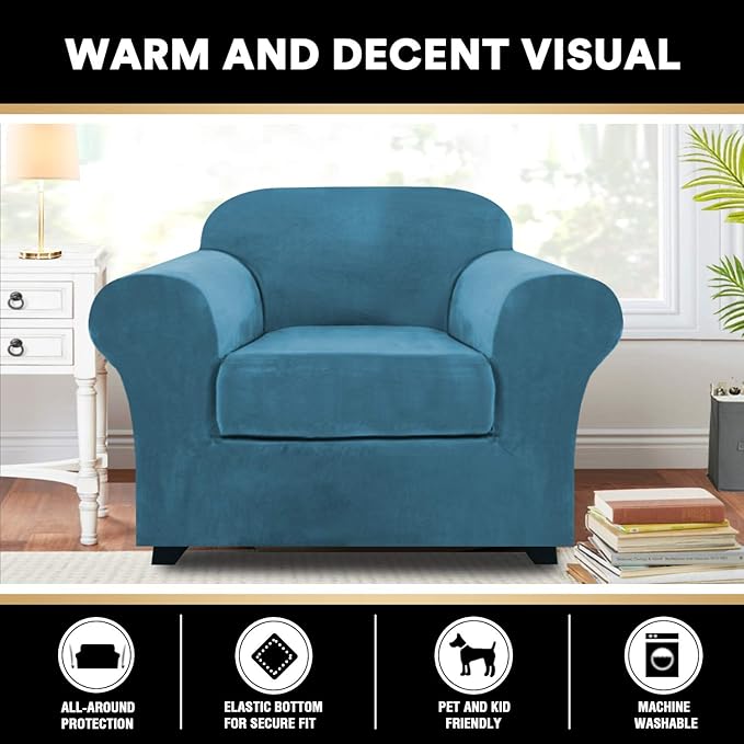 PrinceDeco Velvet Plush Couch Cover Stretch 2 Piece Chair Cover Chair Slipcover Washable Furniture Protector Couch Soft with Elastic Bottom Armchair Cover Width Up to 49 Inch(Small, Blue)