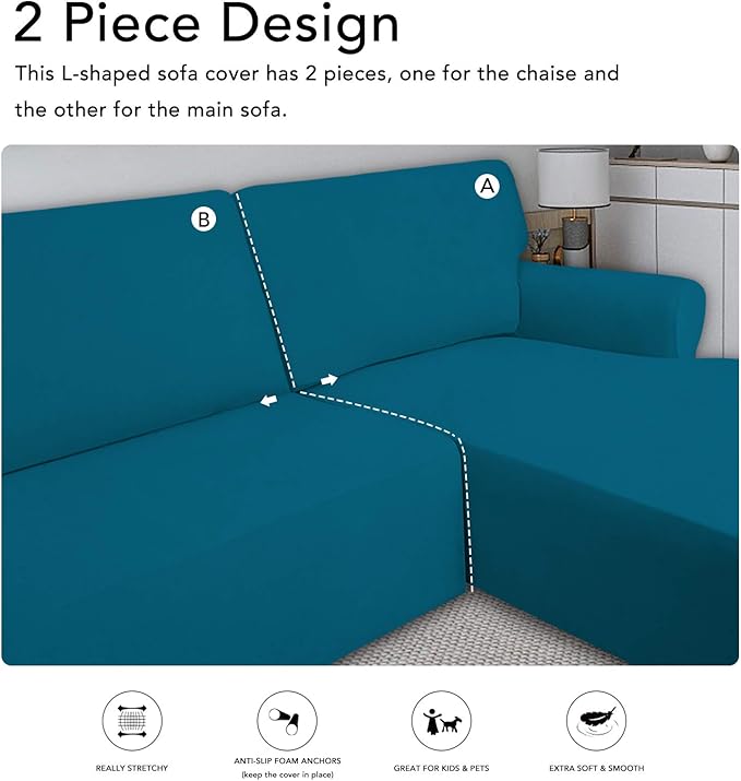 PureFit Super Stretch Sectional Couch Covers - 2 pcs Spandex Non Slip Sofa Covers with Elastic Bottom for L Shape Sectional Sofa Couch, Great for Kid & Pet (3 Seat Sofa + 3 Seat Chaise, Peacock Blue)