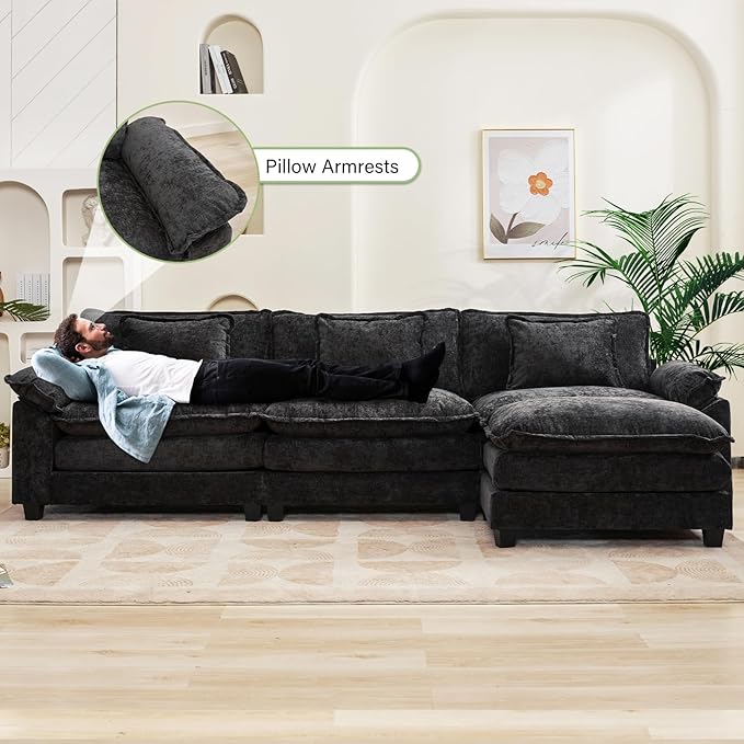 120" Modular Sectional Sofa, Comfy Cloud Couch Sectional Sofa with Ottoman, Chenille Sofa Sleeper Deep Seat Sofa with Throw Pillows for Living Room (Black, 120"- L Shape)