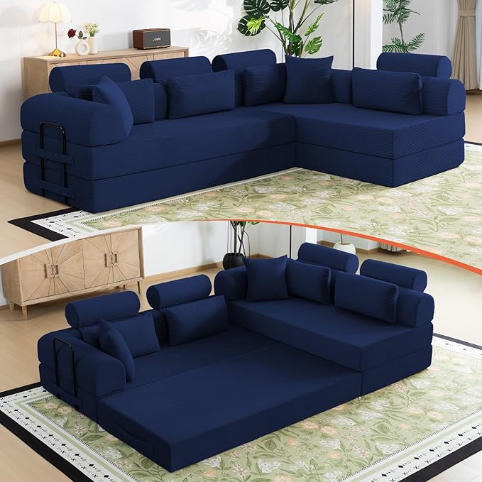 Boneless Sectional for Small Spaces, 106” L Shaped Couch from Two 70.87” Modules, Reconfigures to 141.7” Straight Sofa, Corduroy Compressed Couch in a Box with Headrest Back Pillows, Dark Blue